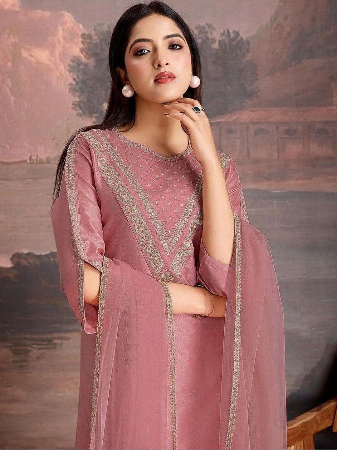 KALINI Women Ethnic Motifs Embroidered Regular Thread Work Silk Chiffon Kurta with Trousers & With Dupatta thumbnail 2