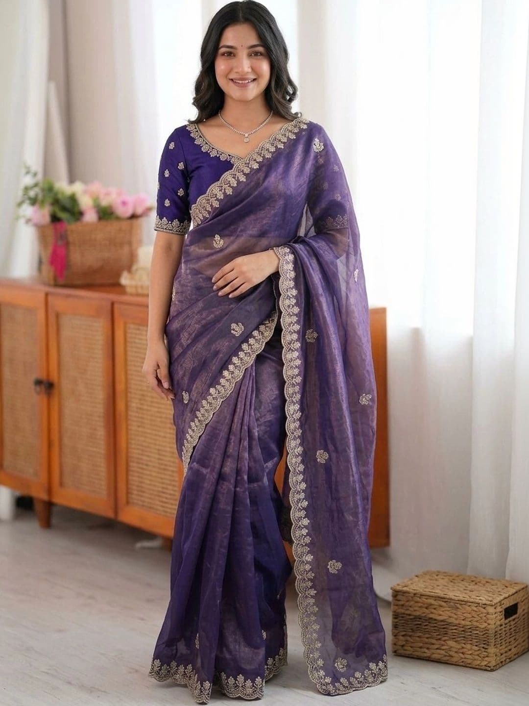 Sangria Ethnic Motifs Embroidered Pure Georgette Saree - view 1