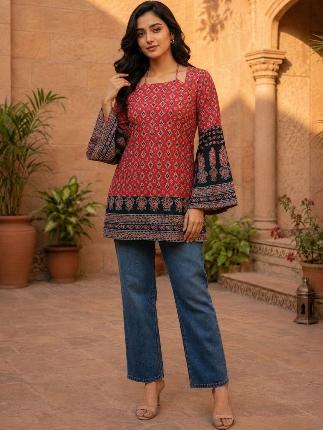 Sun Fashion And Lifestyle Women Ethnic Motifs Printed Bell Sleeves Kurta thumbnail 3