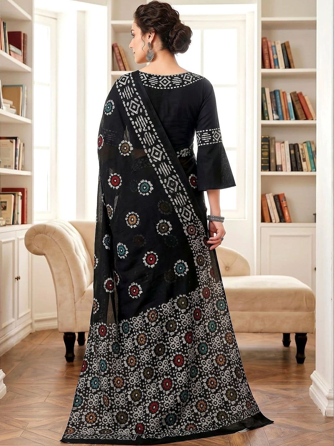 VS MALL Women Batik Pure Cotton Block Print Saree thumbnail 4
