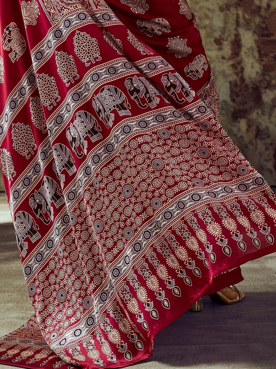Sangria Embroidered Satin Designer Block Print Saree thumbnail 3