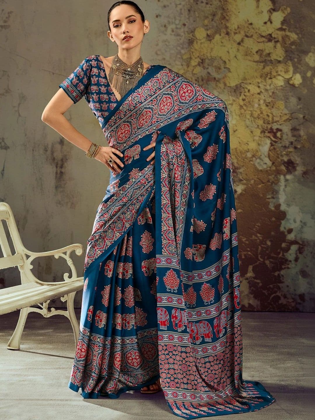 Sangria Ajrak Block Satin Designer Block Print Saree - view 1