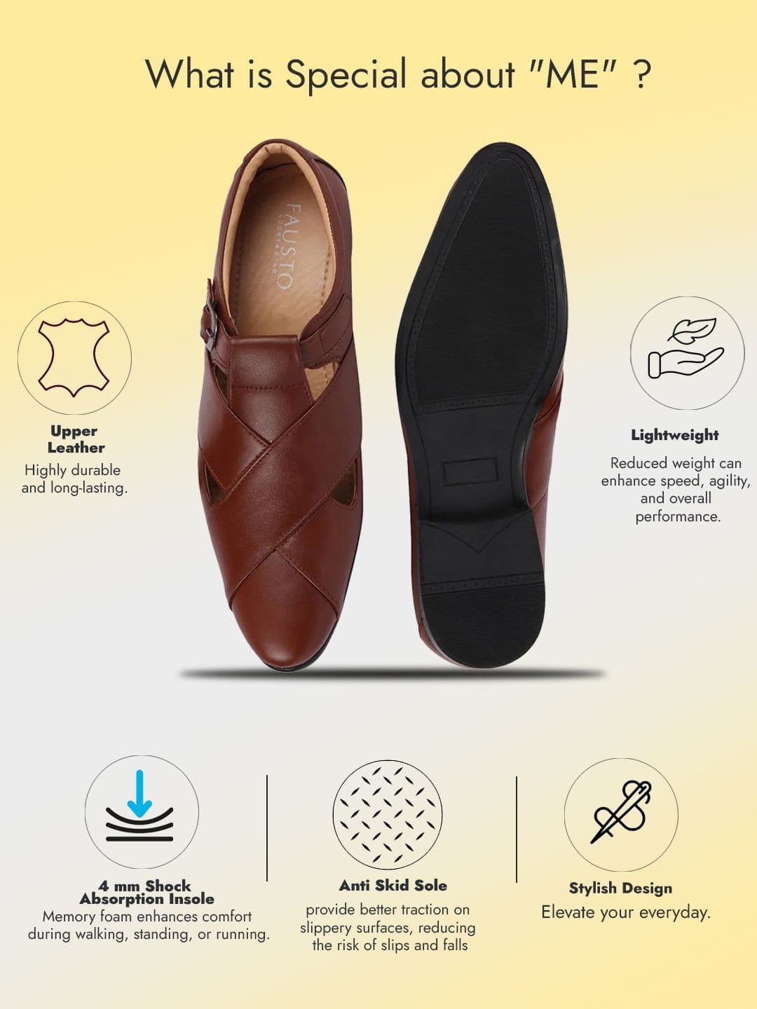 FAUSTO Men Tan Leather Shoe-Style Sandals thumbnail 3