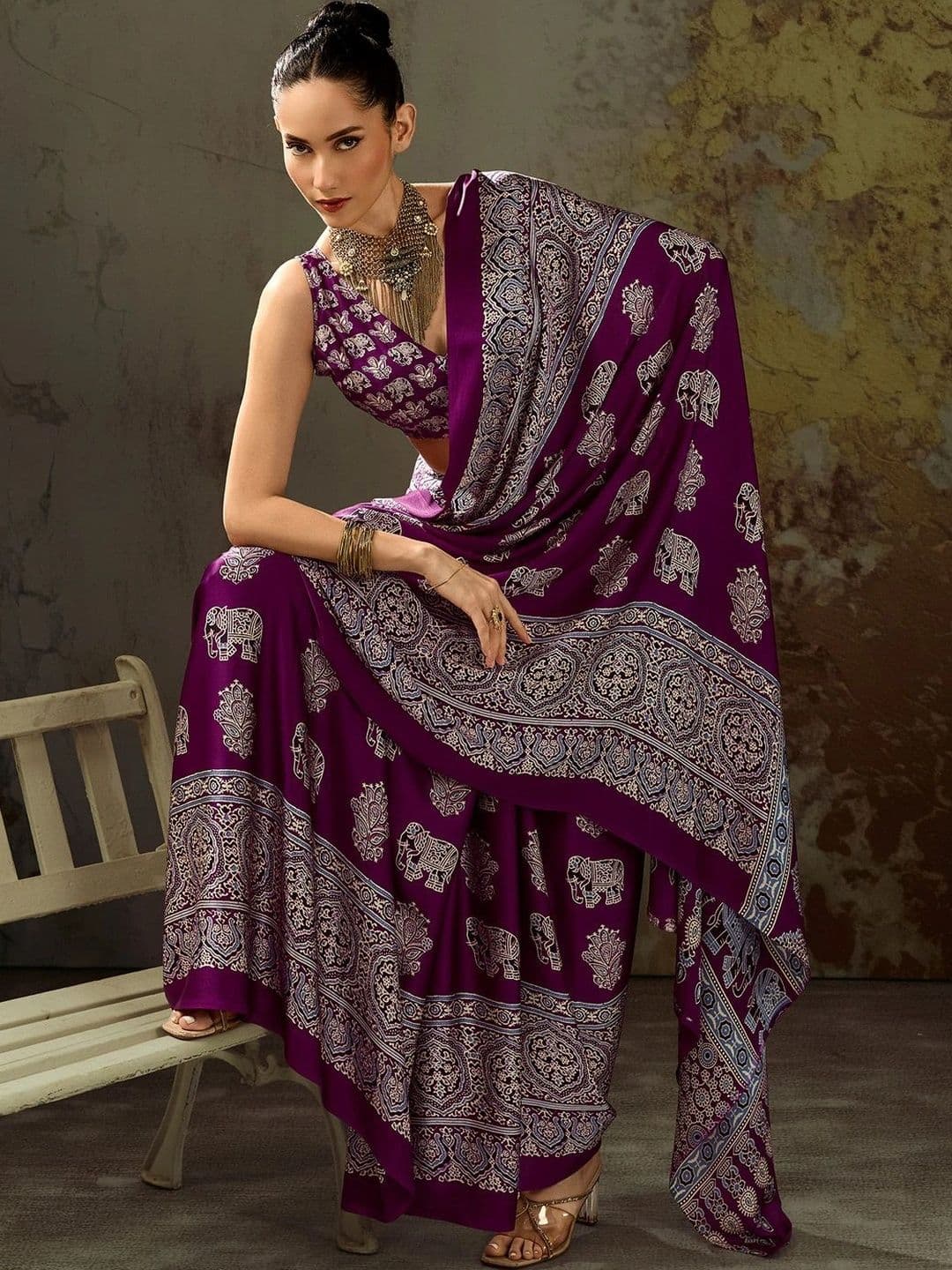 Sangria Ajrak Block Satin Designer Block Print Saree thumbnail 7