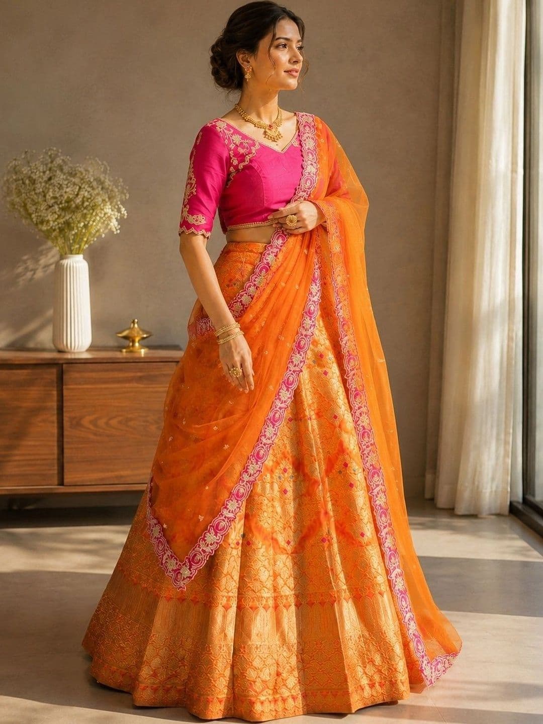 KALINI Embroidered Thread Work Ready to Wear Lehenga & Unstitched Blouse With Dupatta thumbnail 3