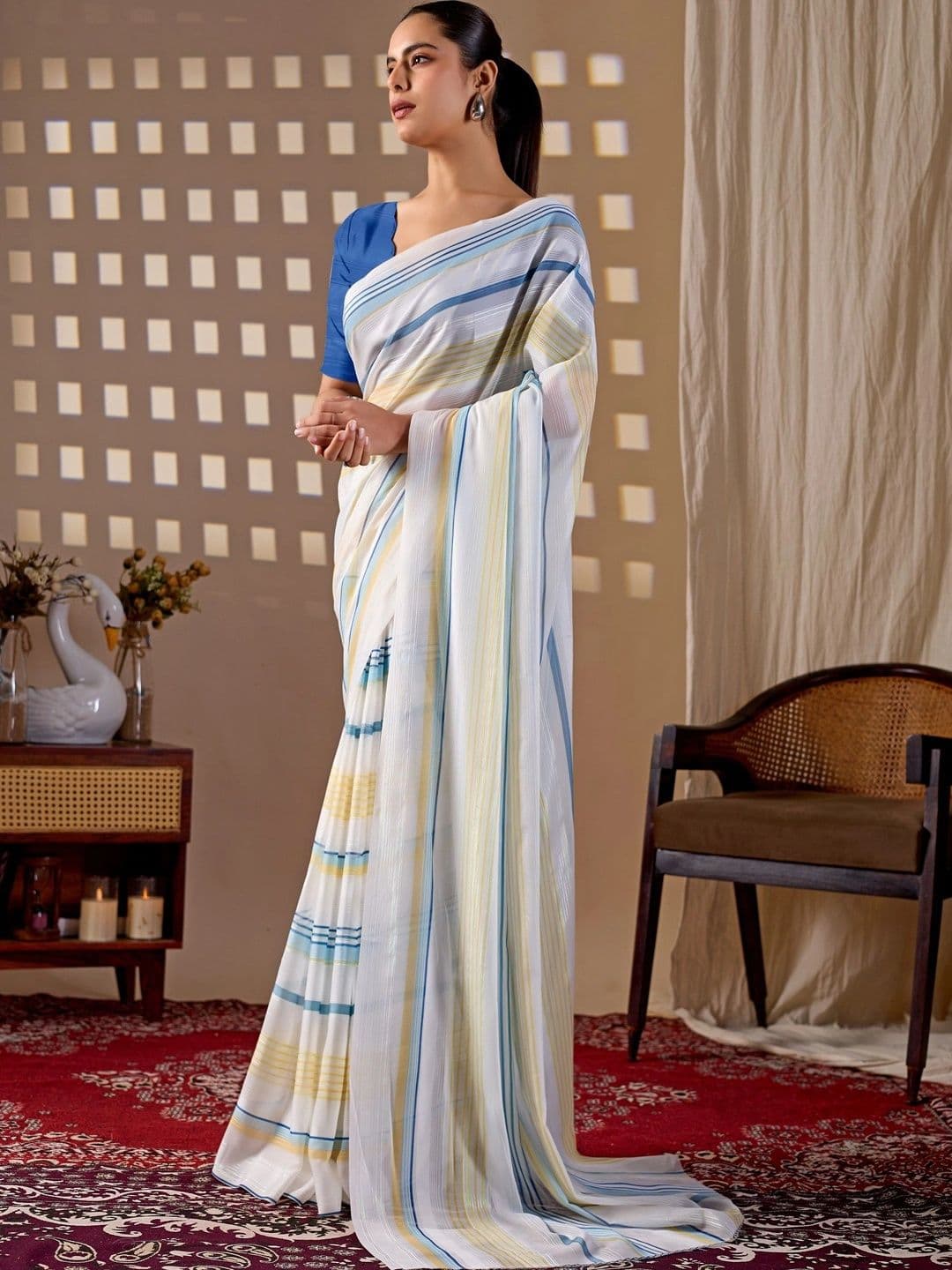 Moda Rapido Striped Poly Georgette Designer Saree thumbnail 4