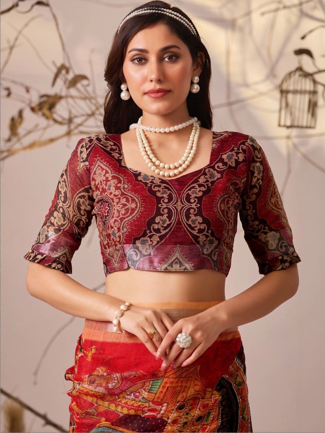 Moda Rapido Floral Zari Linen Blend Designer Patola Saree thumbnail 6
