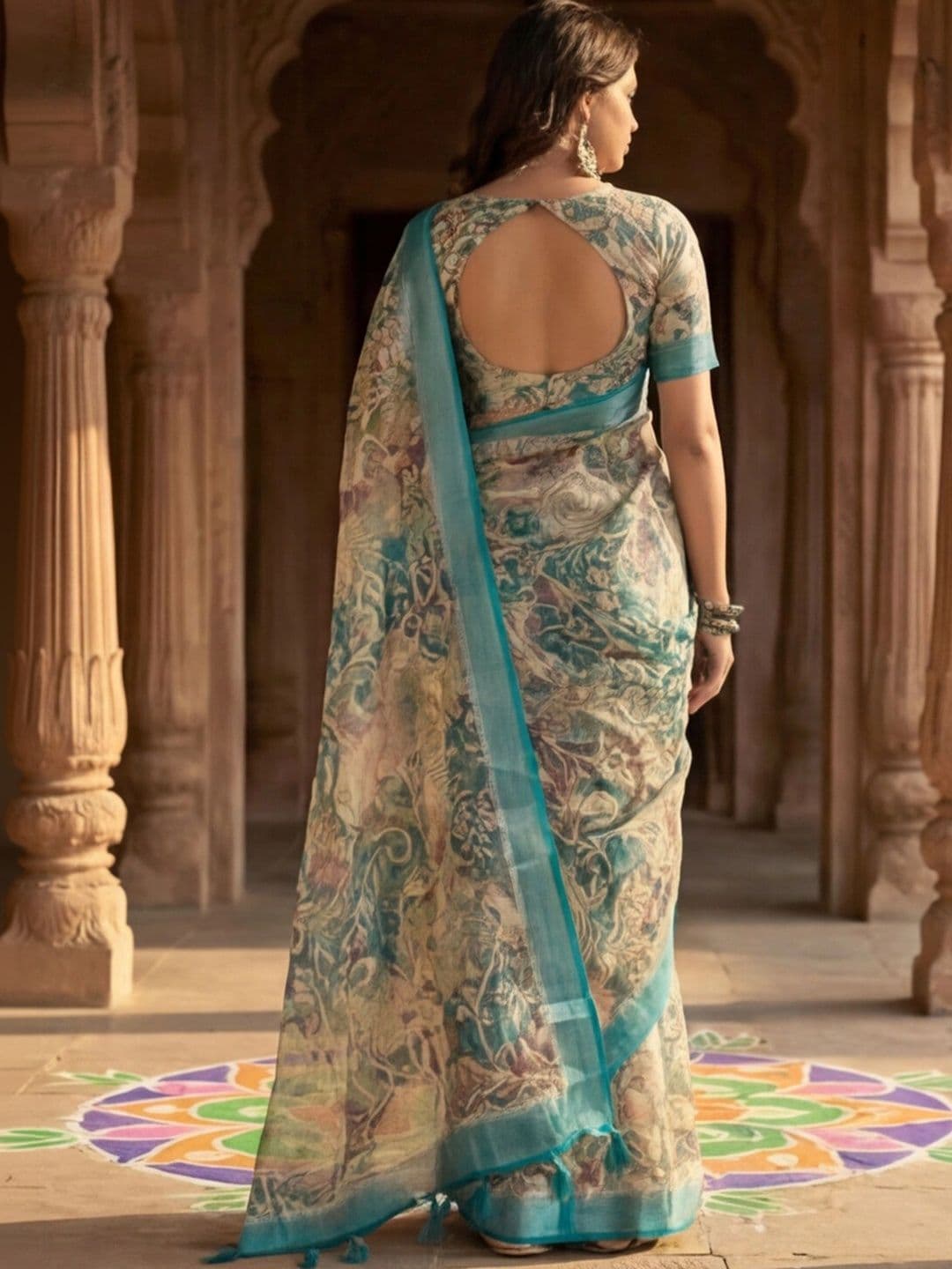 Anouk Rustic Floral Zari Pure Linen Designer Khadi Saree thumbnail 7