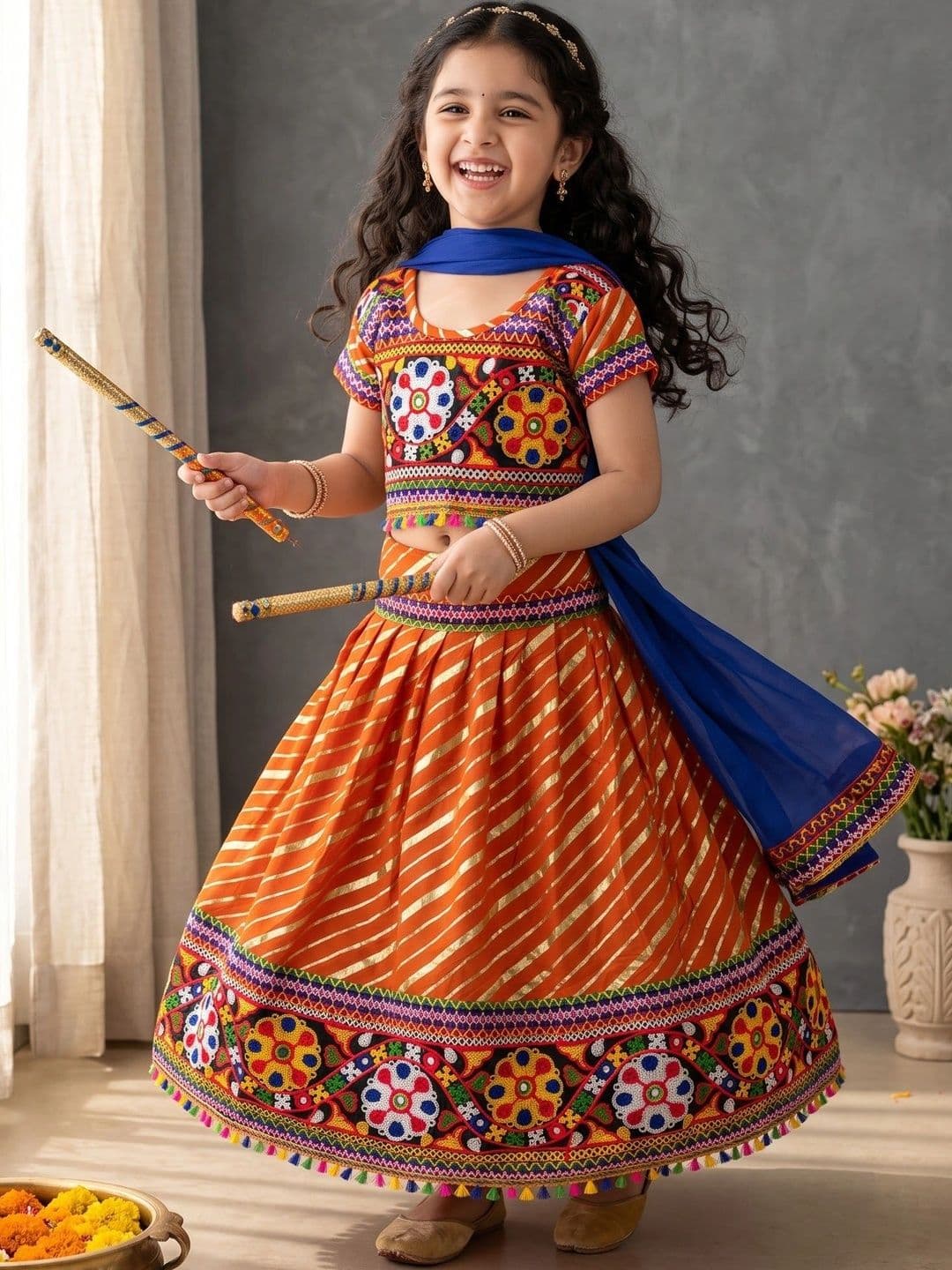 ahhaaaa Girls Embroidered Mirror Work Ready to Wear Lehenga & Blouse With Dupatta thumbnail 5