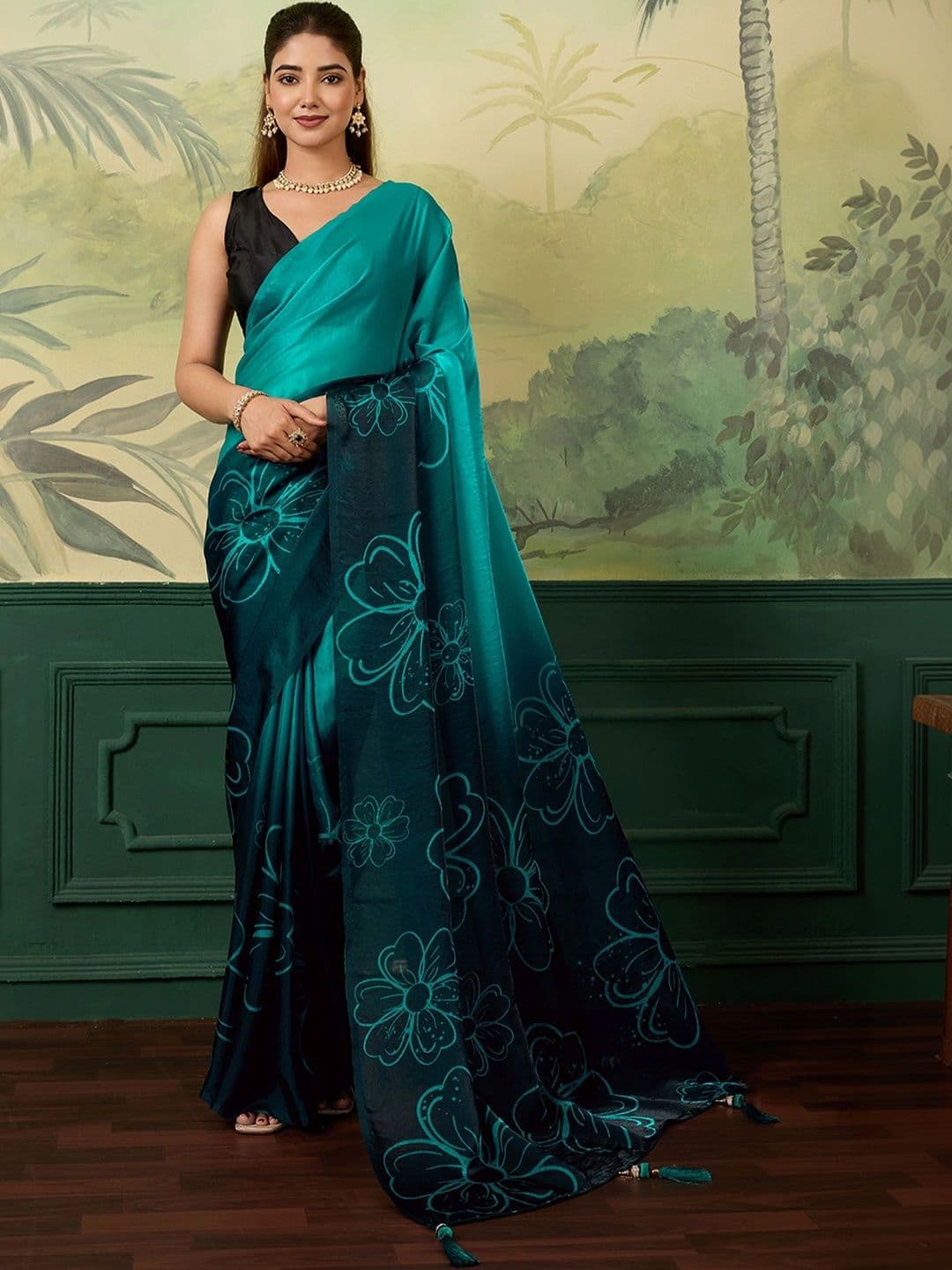 Nayanthara Trends Floral Satin Designer Saree - view 1