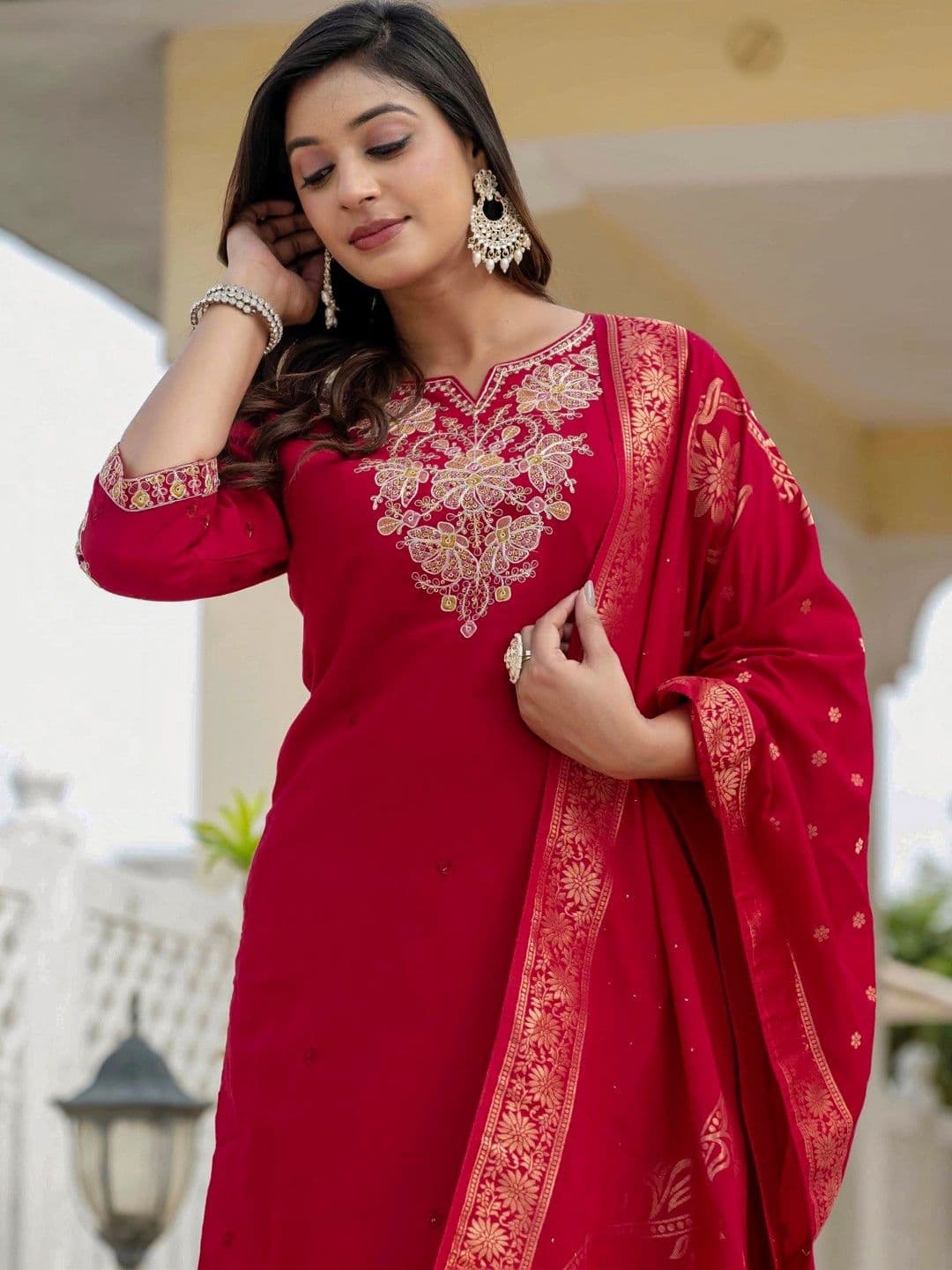 Sangria Women Ethnic Motifs Embroidered Regular Thread Work Kurta with Trousers & With Dupatta thumbnail 2