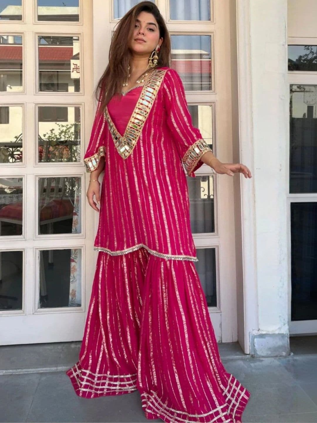 HERE&NOW Women Ethnic Motifs Regular Mirror Work Chanderi Silk Kurta with Sharara thumbnail 4