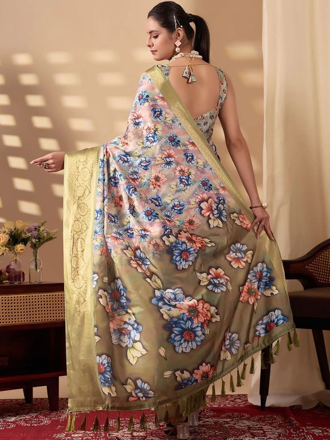 Moda Rapido Floral Zari Silk Blend Designer Saree thumbnail 4
