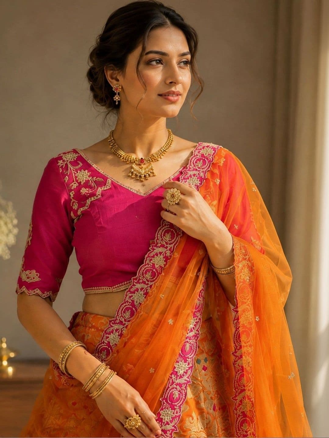 KALINI Embroidered Thread Work Ready to Wear Lehenga & Unstitched Blouse With Dupatta thumbnail 4