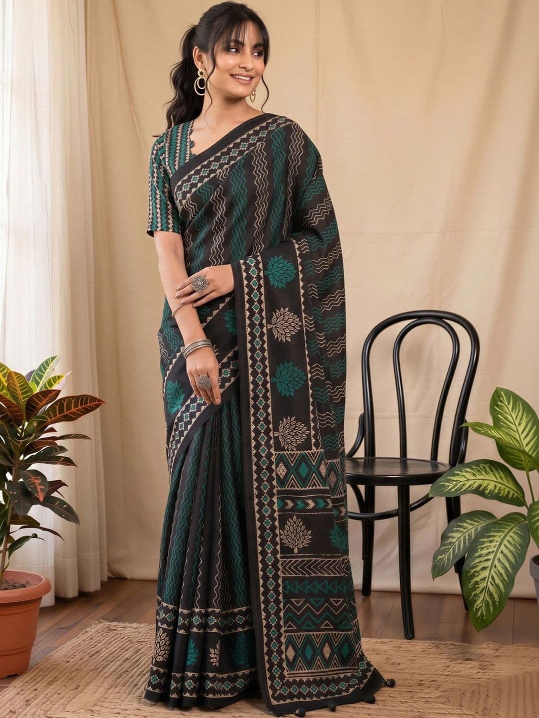 Anouk Batik Silk Blend Designer Block Print Saree - view 1