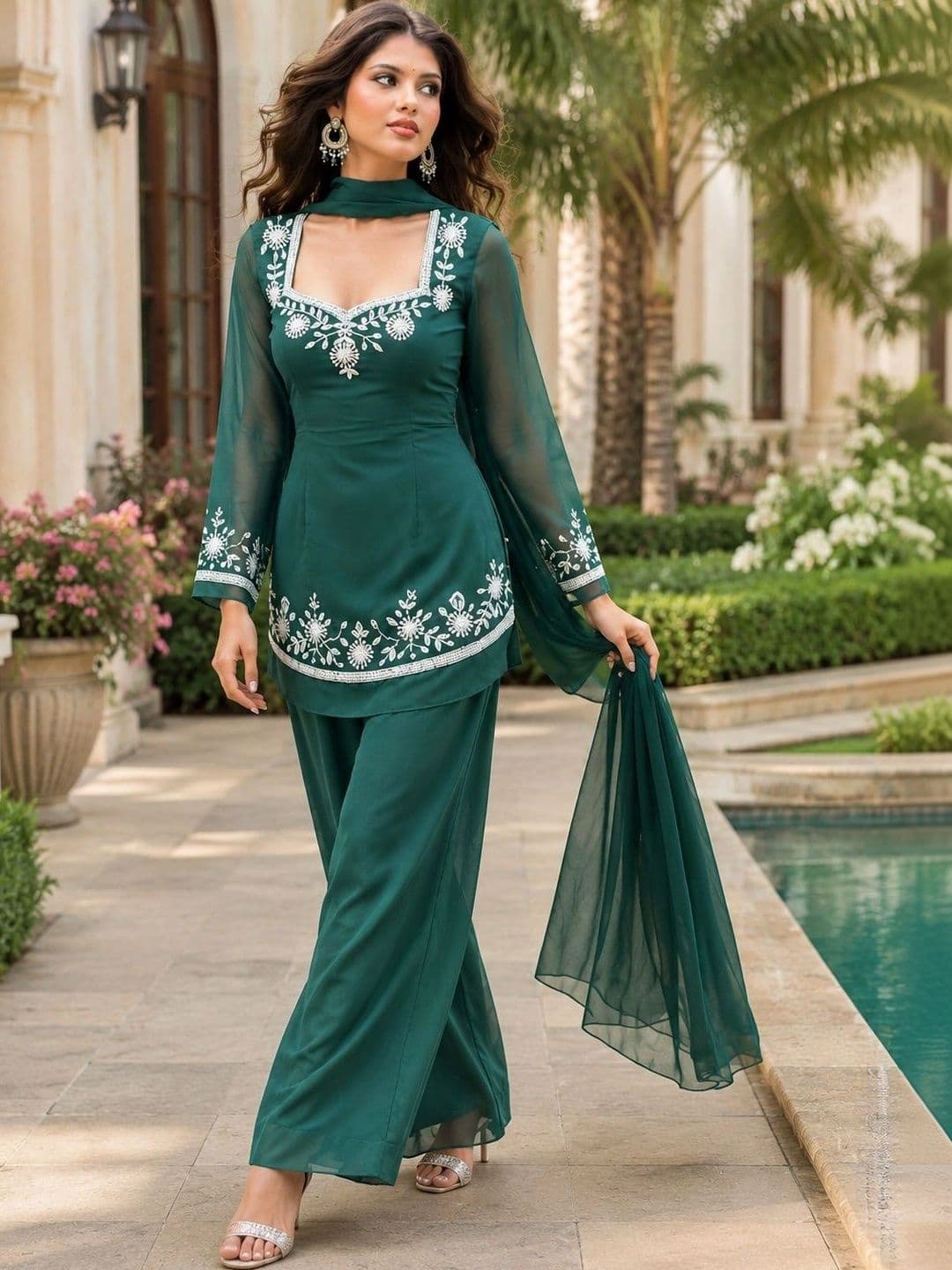 HERE&NOW Women Ethnic Motifs Embroidered Regular Thread Work Kurta with Palazzos & With Dupatta - view 1