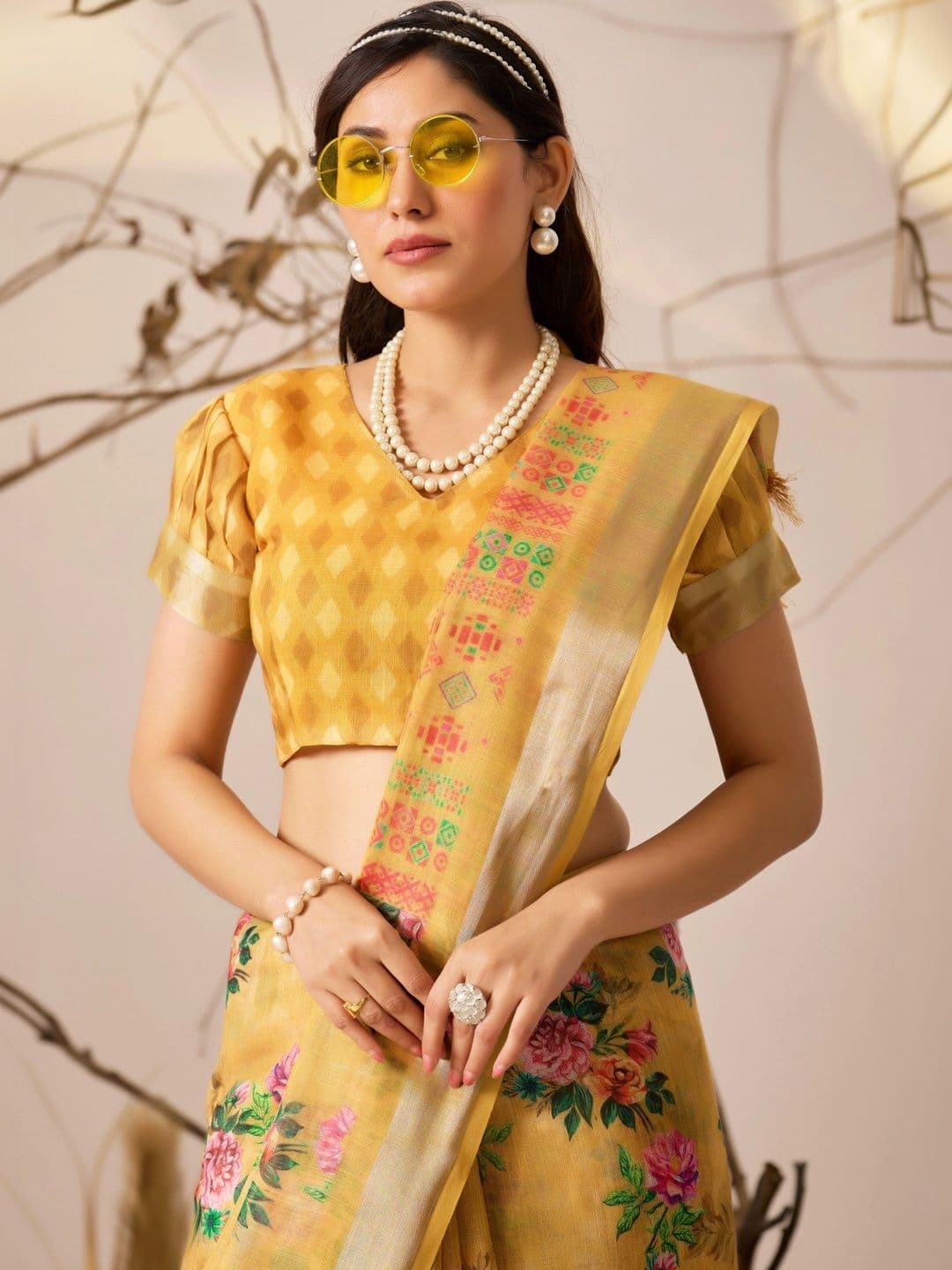 Moda Rapido Floral Zari Linen Blend Designer Saree thumbnail 7