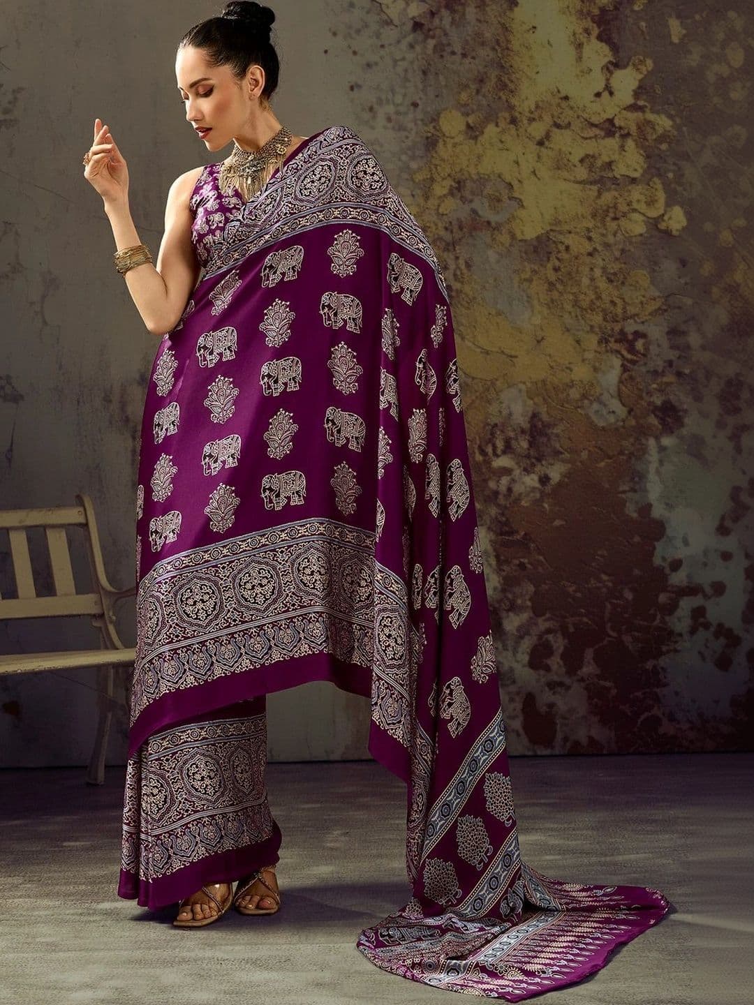 Sangria Ajrak Block Satin Designer Block Print Saree - view 1