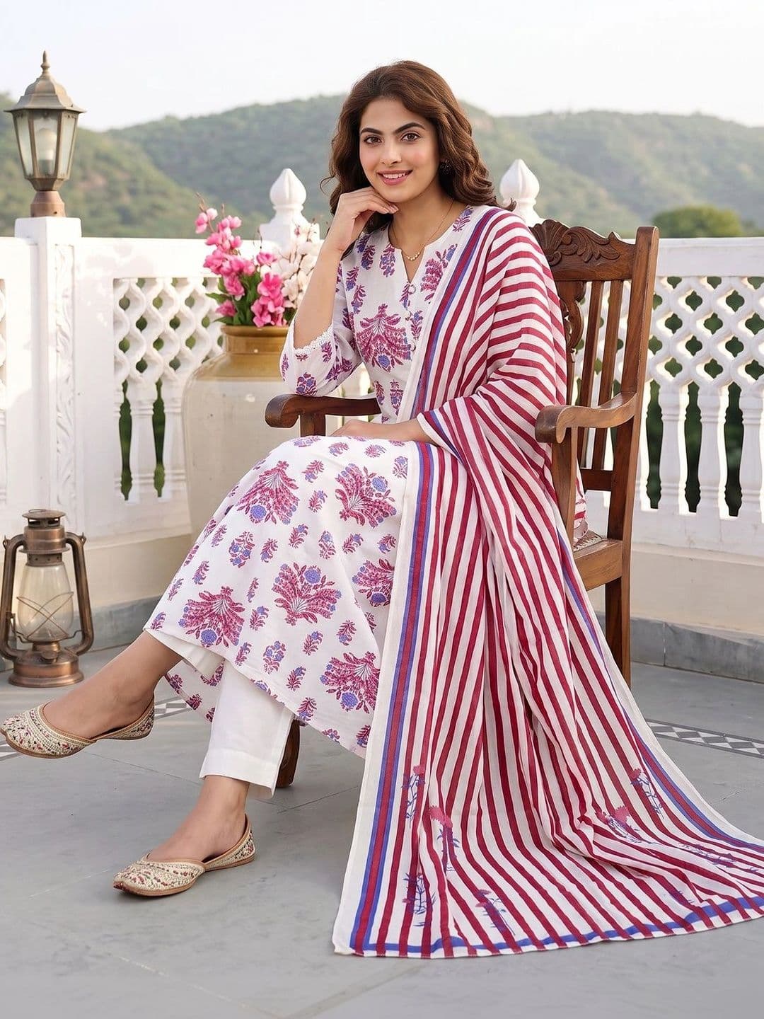 Jaitpuriya Women Ethnic Motifs Printed Regular Pure Cotton Kurta with Trousers & With Dupatta thumbnail 6