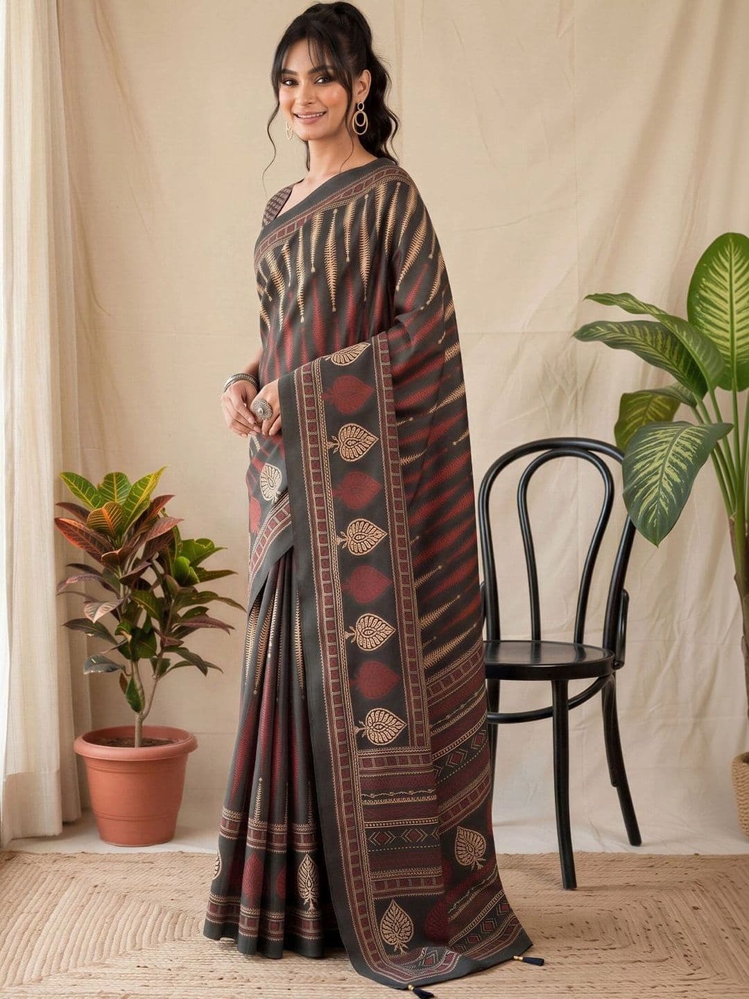 Anouk Batik Silk Blend Designer Block Print Saree thumbnail 4