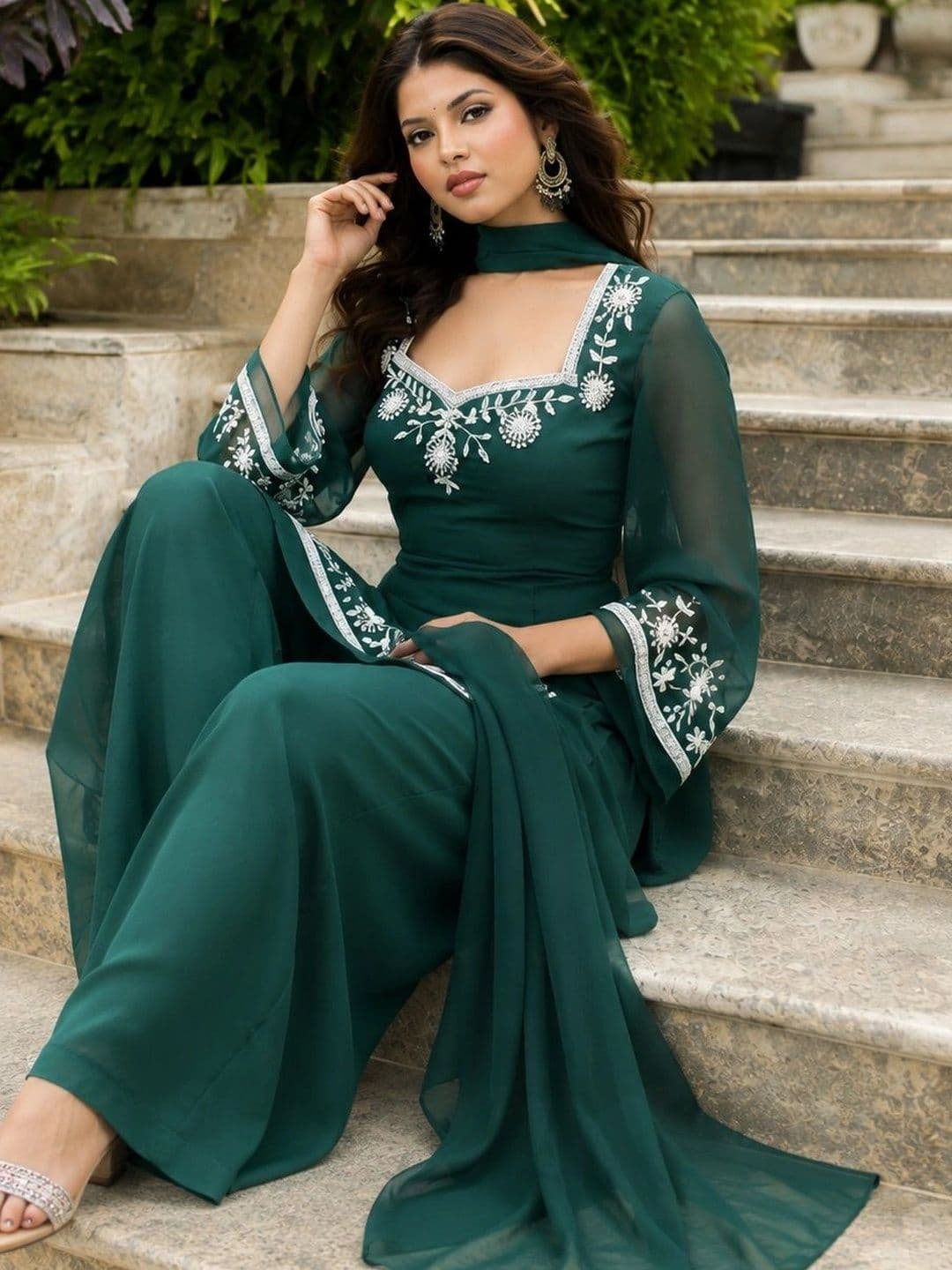 HERE&NOW Women Ethnic Motifs Embroidered Regular Thread Work Kurta with Palazzos & With Dupatta thumbnail 6