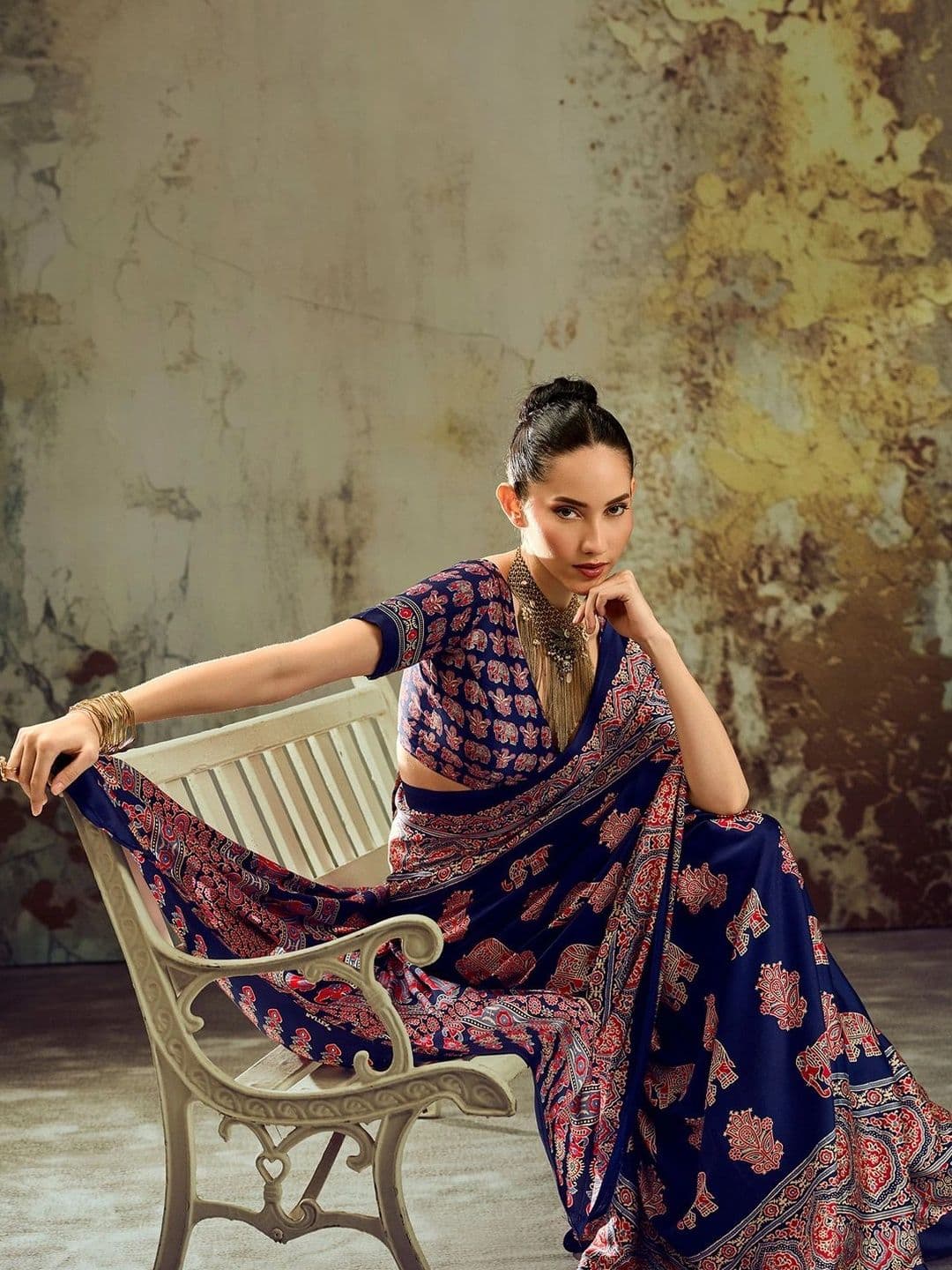 Sangria Ajrak Block Satin Designer Block Print Saree thumbnail 3
