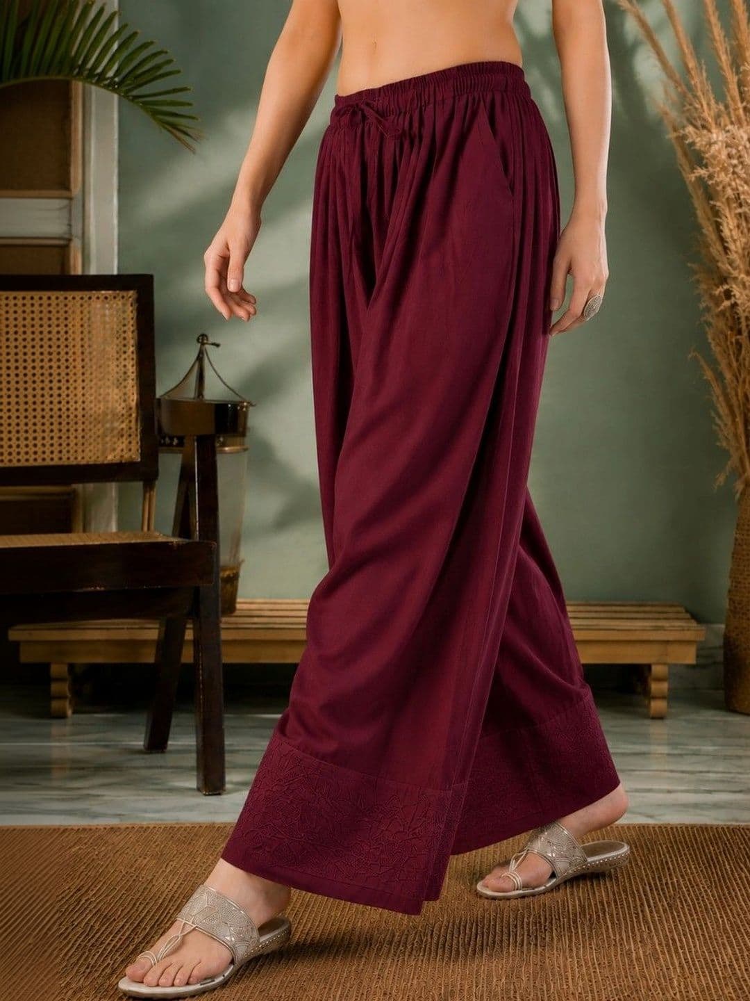 Sangria Women Pleated Thread Work Pure Cotton Top with Palazzos thumbnail 2