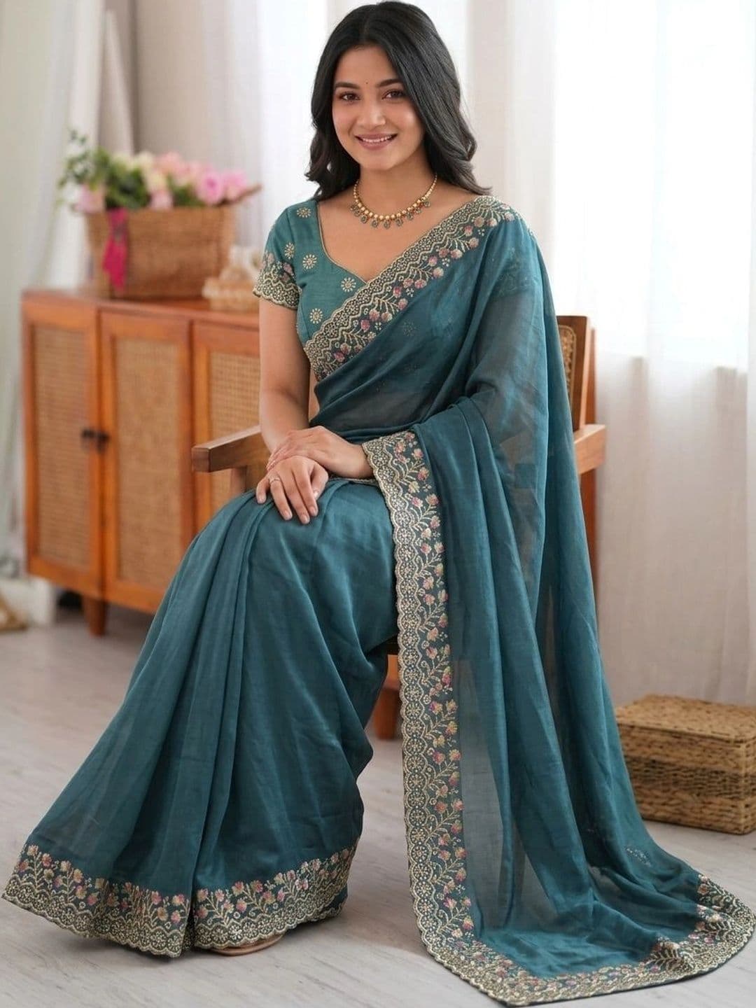 Sangria Embellished Embroidered Pure Georgette Saree thumbnail 6