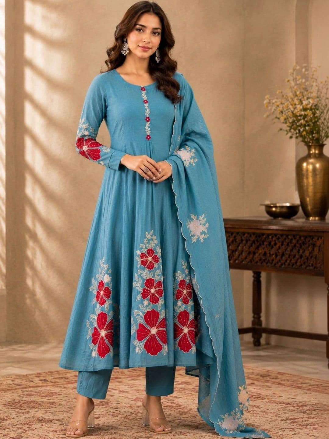 Sangria Women Floral Embroidered Regular Thread Work Kurta with Trousers & With Dupatta thumbnail 7