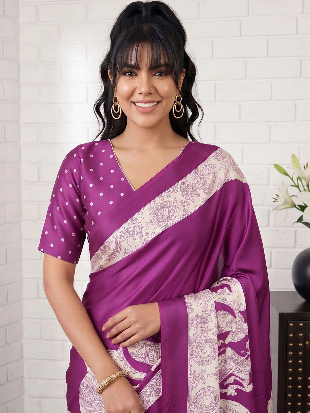 Anouk Kalamkari Satin Designer Banarasi Saree thumbnail 6