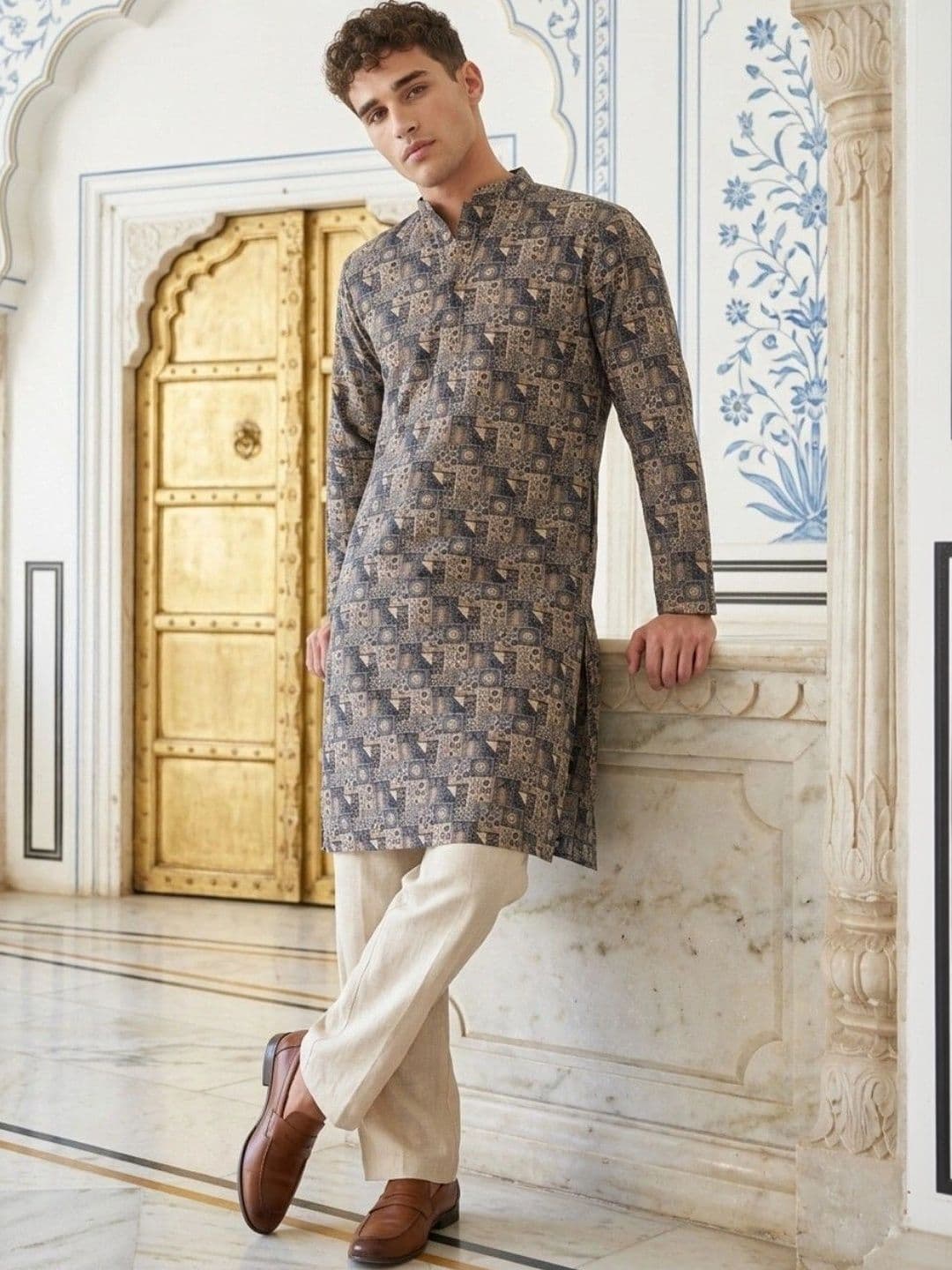 DRIP CHOWK Men Geometric Printed Jacquard Kurta thumbnail 3