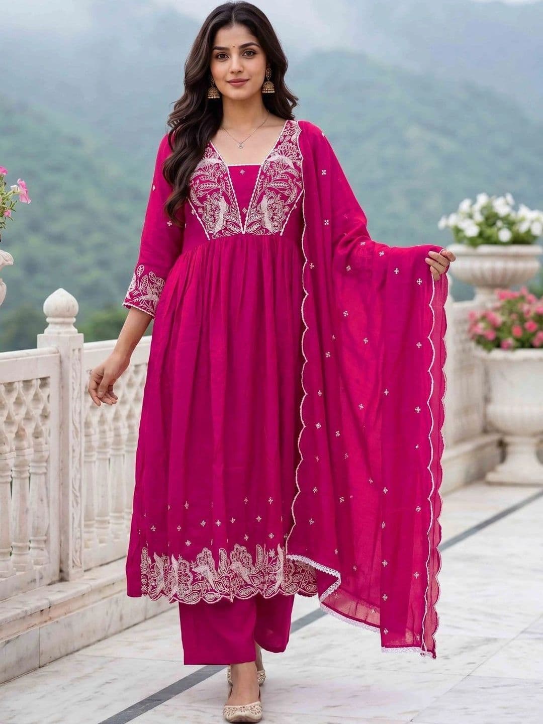 Moda Rapido Women Ethnic  Empire Thread Work Pure Silk Kurta with Trousers & With Dupatta thumbnail 5