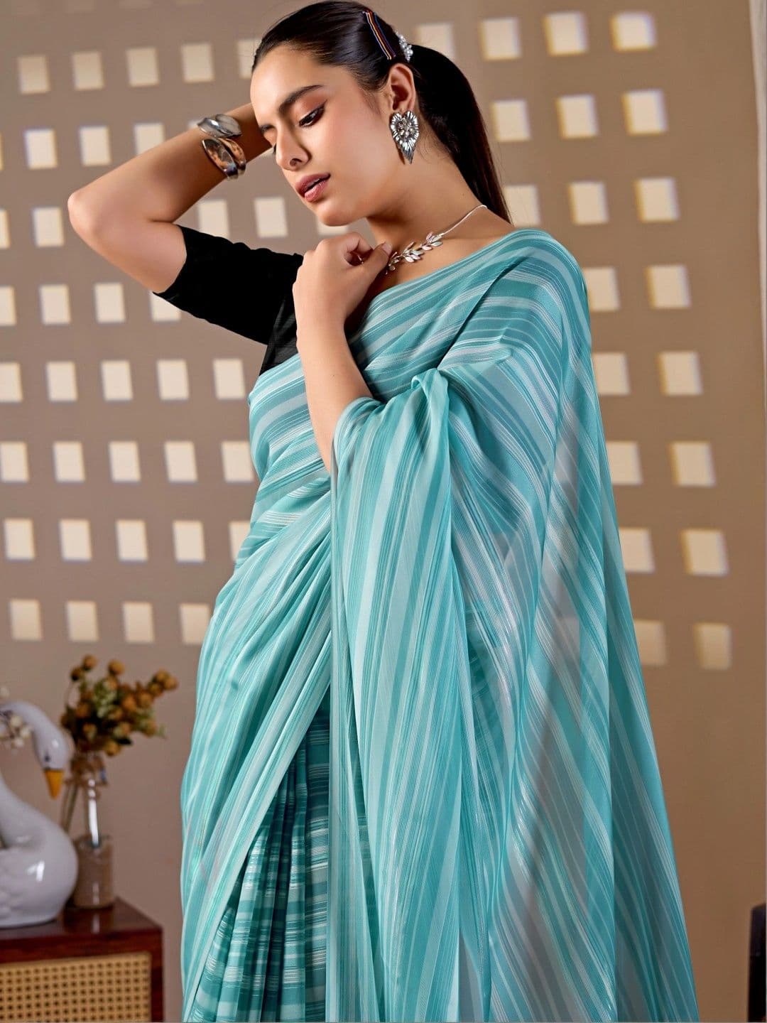 Moda Rapido Striped Poly Georgette Designer Saree thumbnail 3