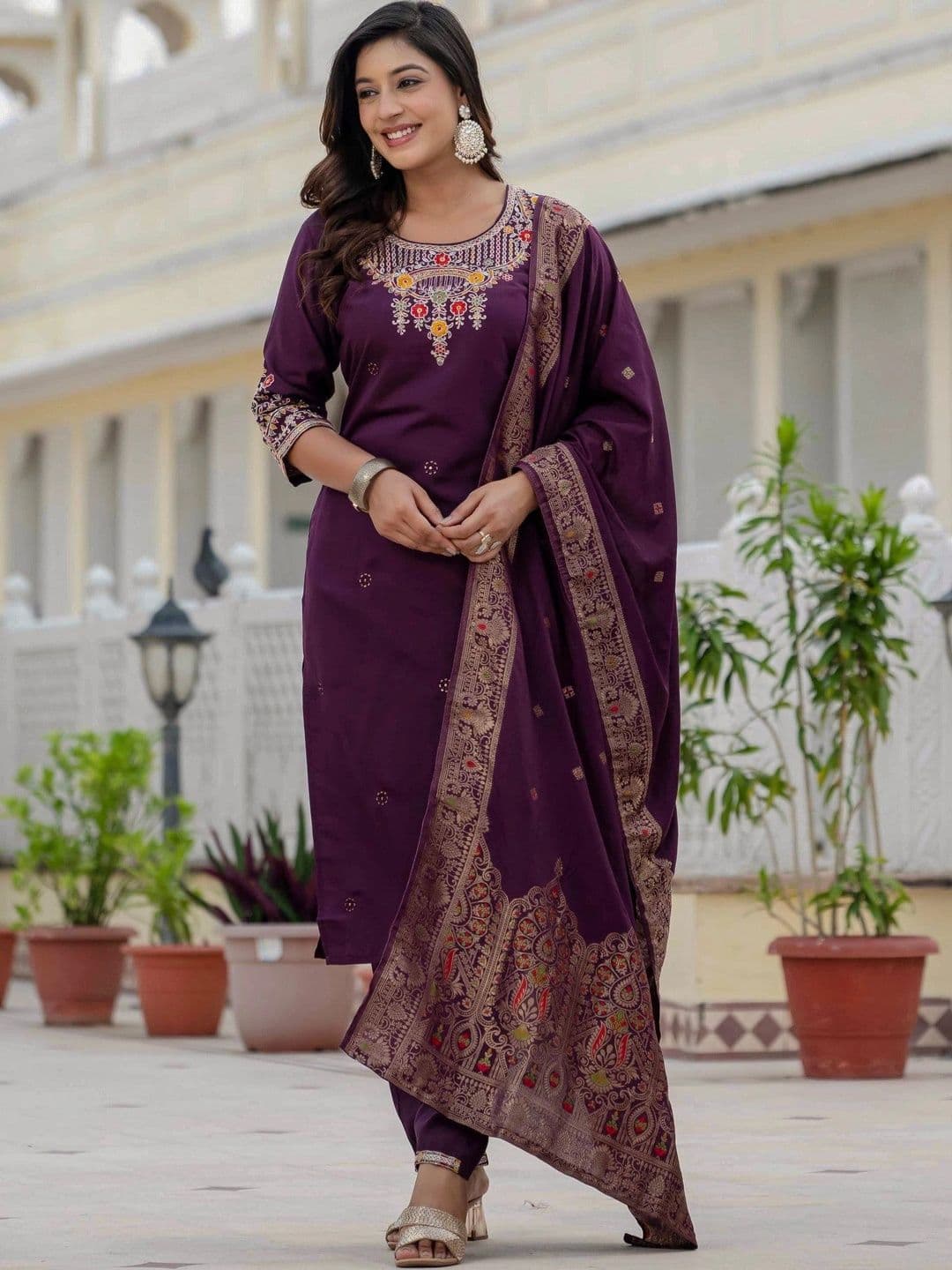 Sangria Women Ethnic Motifs Thread Work Kurta with Trousers & With Dupatta thumbnail 4