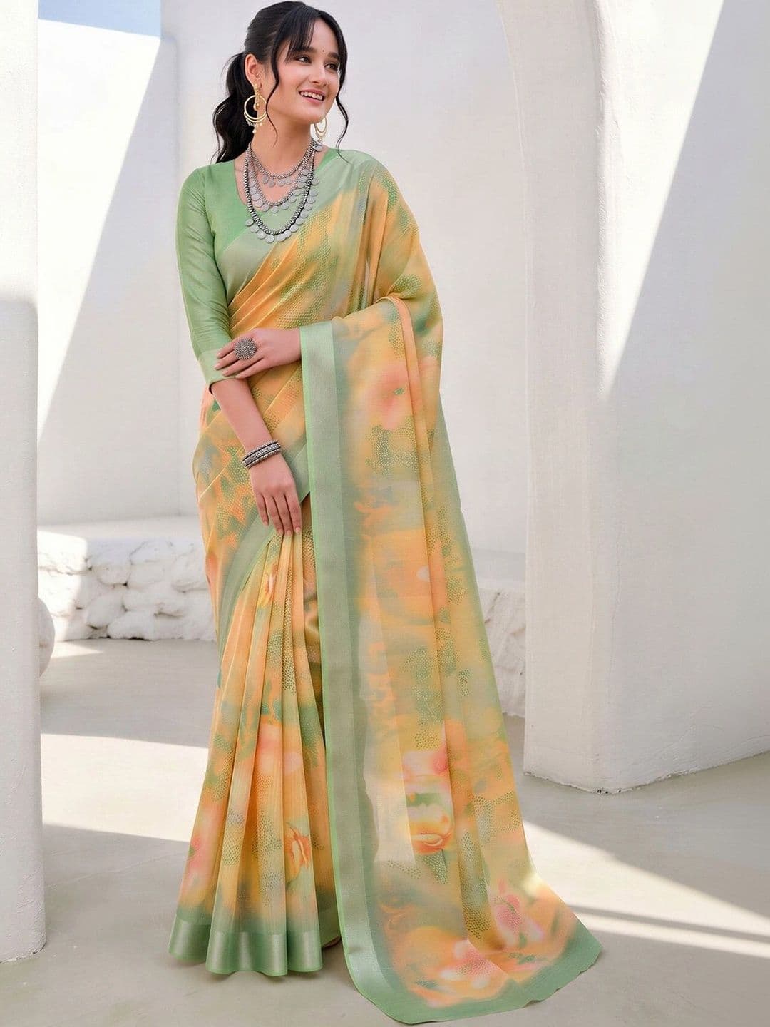 Anouk Floral Zari Fusion Block Print Saree - view 1