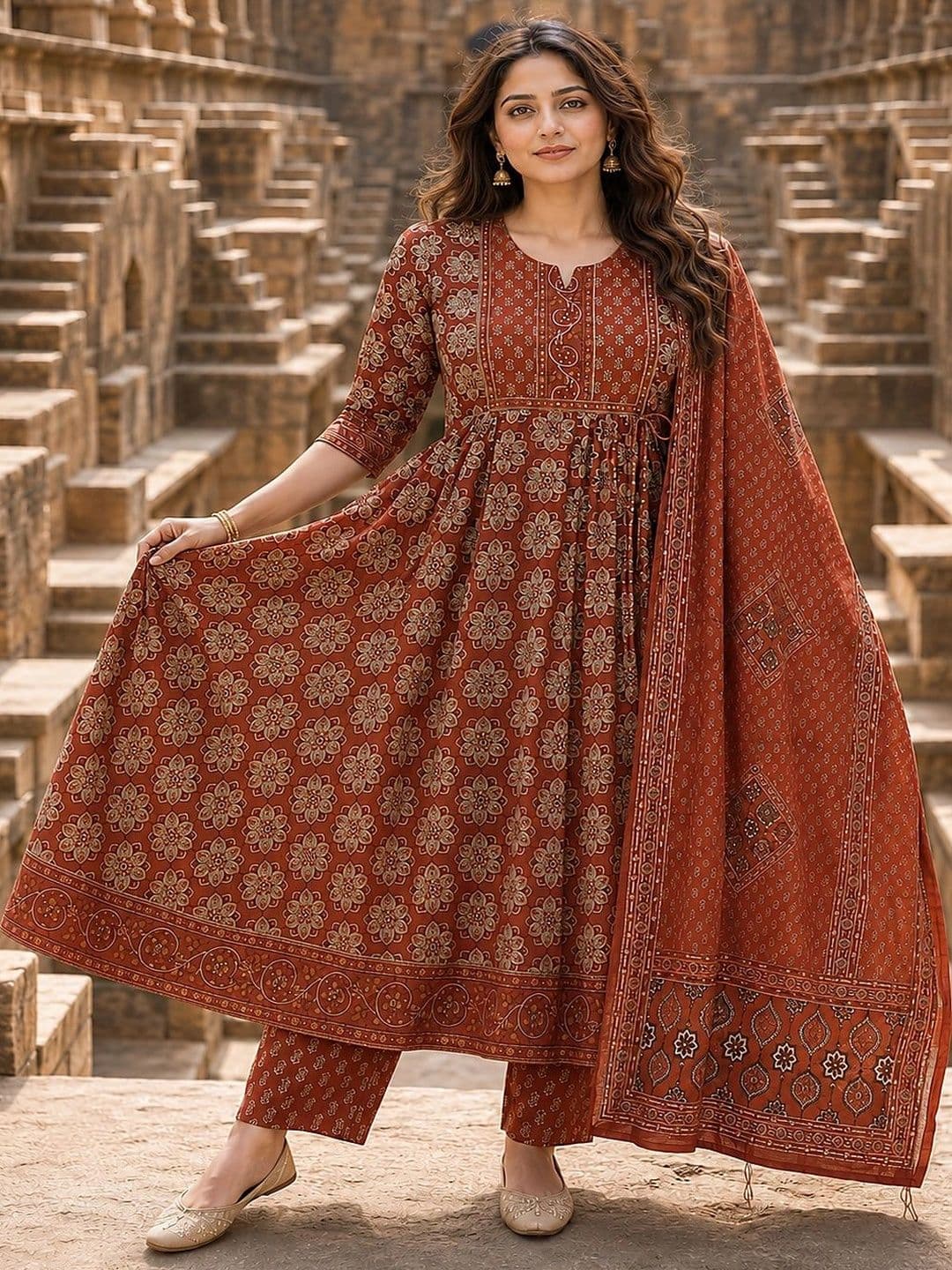 Berrylicious Women Ethnic Motifs Printed Empire Pure Cotton Kurta with Trousers & With Dupatta - view 1