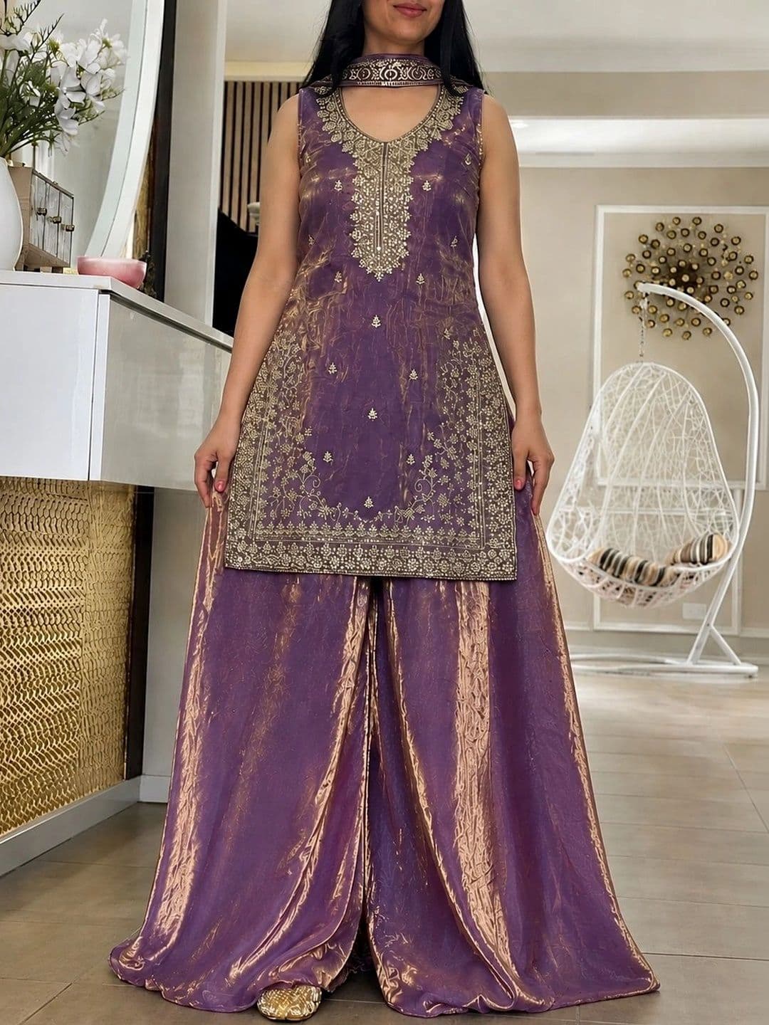 HERE&NOW Women Ethnic Motifs Embroidered Regular Kurta with Sharara & With Dupatta - view 1
