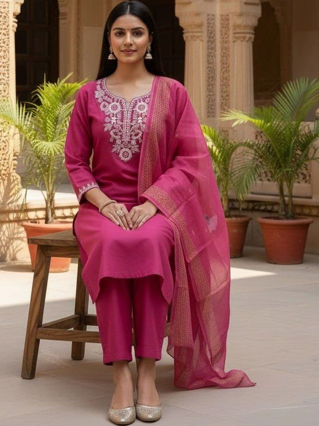 Komurr Women Ethnic Motifs Embroidered Regular Thread Work Kurta with Trousers & With Dupatta thumbnail 4