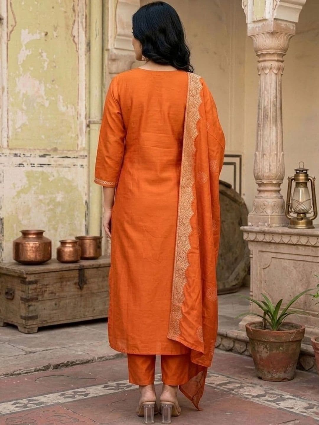 Sangria Embroidered  Round Neck Kurta & Trousers With Dupatta thumbnail 5