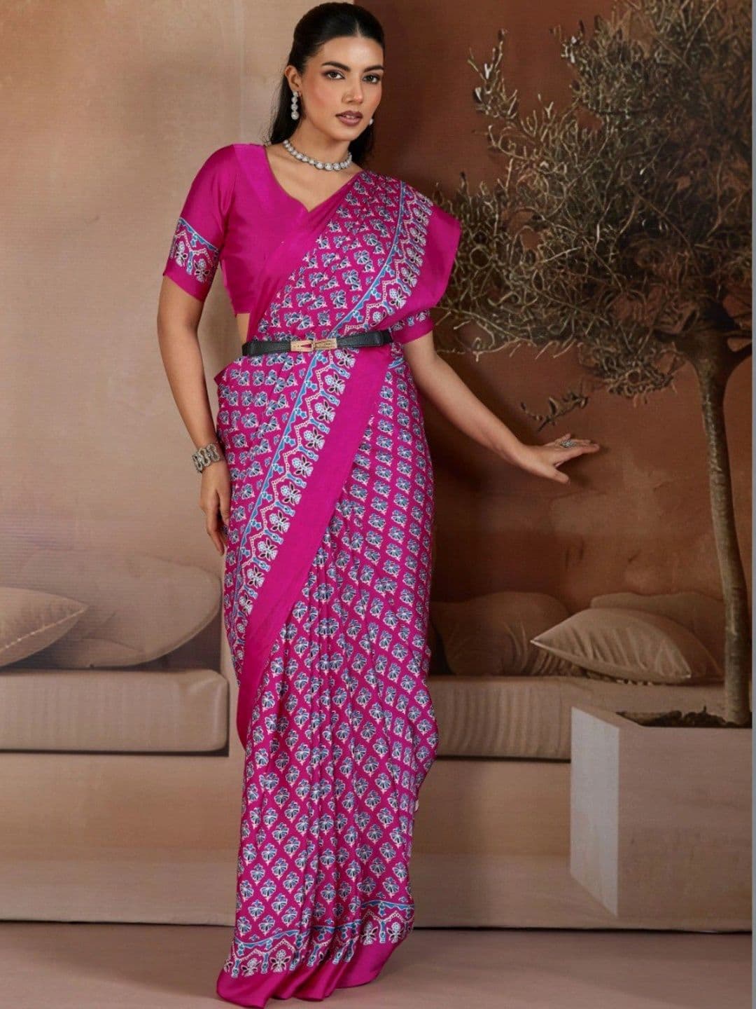 Moda Rapido Ajrak Block Satin Designer Saree thumbnail 2