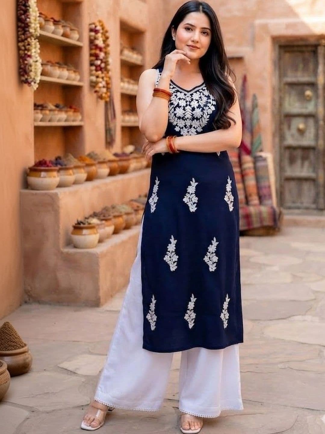 RUNAYA NX Women Ethnic Motifs Embroidered Regular Thread Work Kurta with Palazzos - view 1