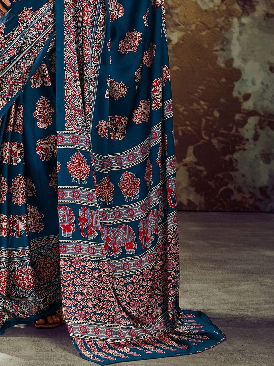 Sangria Ajrak Block Satin Designer Block Print Saree thumbnail 3