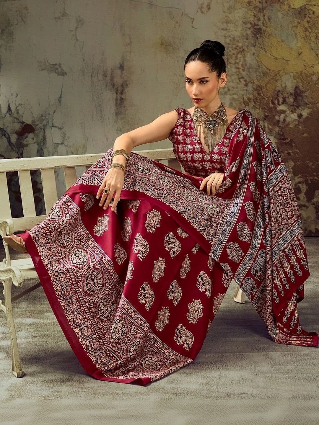 Sangria Embroidered Satin Designer Block Print Saree thumbnail 4