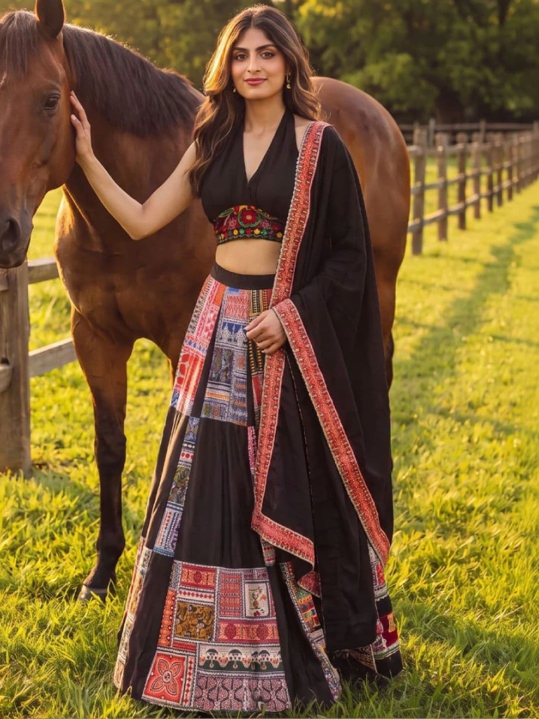 DREAM EXPORTER Embroidered Thread Work Semi-Stitched Lehenga & Unstitched Blouse With Dupatta thumbnail 3