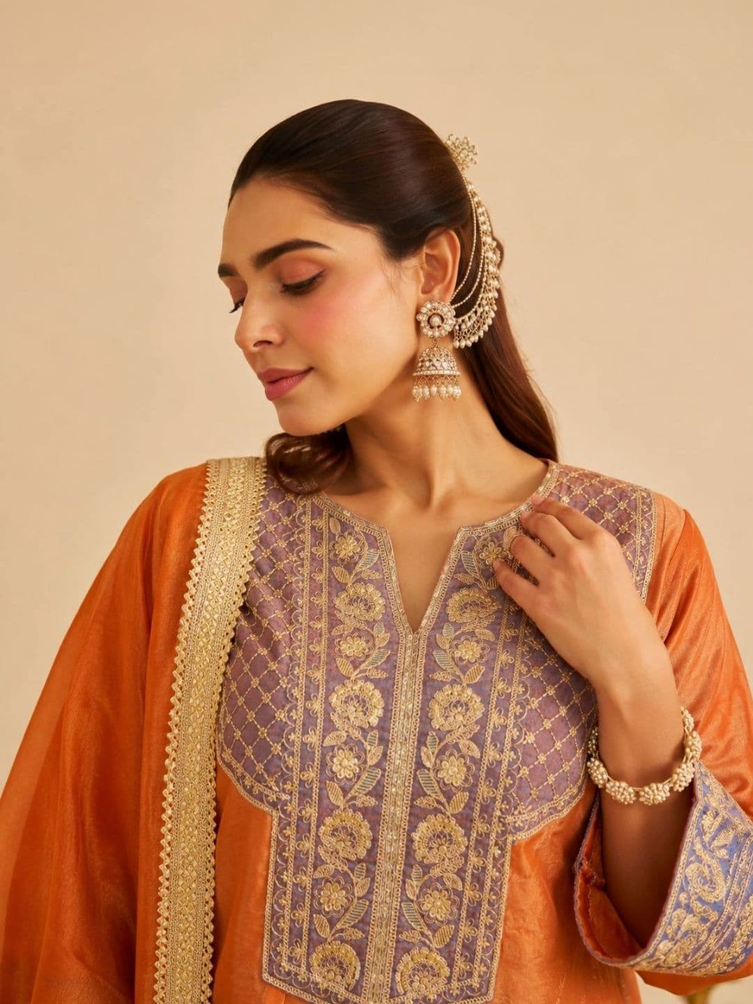 Colors  of Earth Colors of Earth Women Ethnic Motifs Embroidered Regular Thread Work Pure Silk Kurta with Patiala & With thumbnail 4