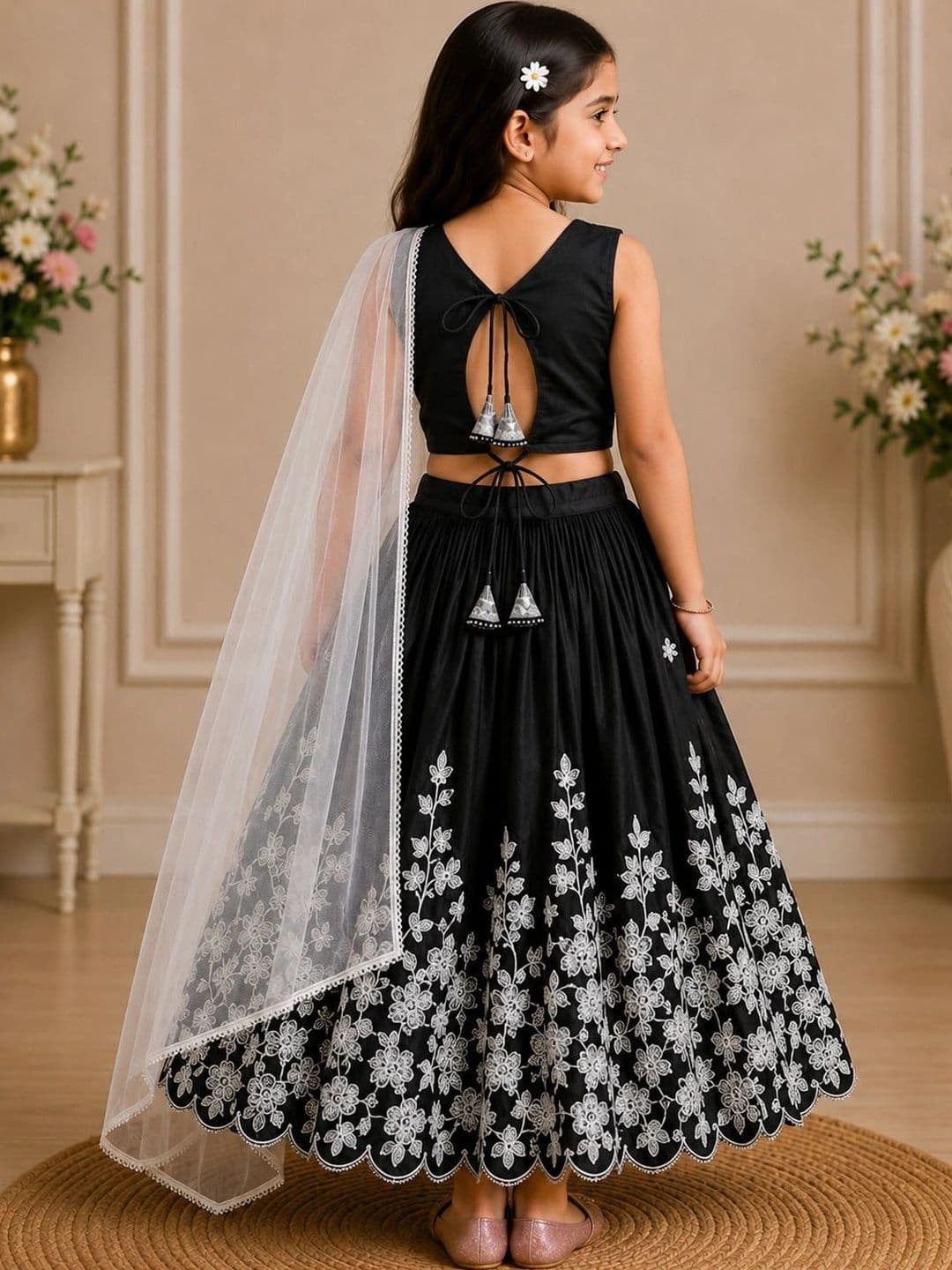 KALINI Girls Embroidered Thread Work Ready to Wear Lehenga & Blouse With Dupatta thumbnail 6
