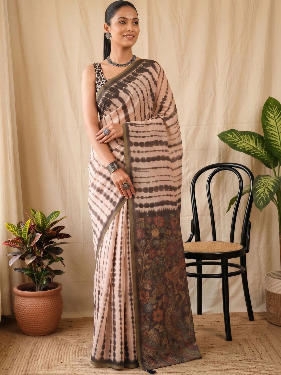 Sangria Tie and Dye Fusion Block Print Saree thumbnail 6