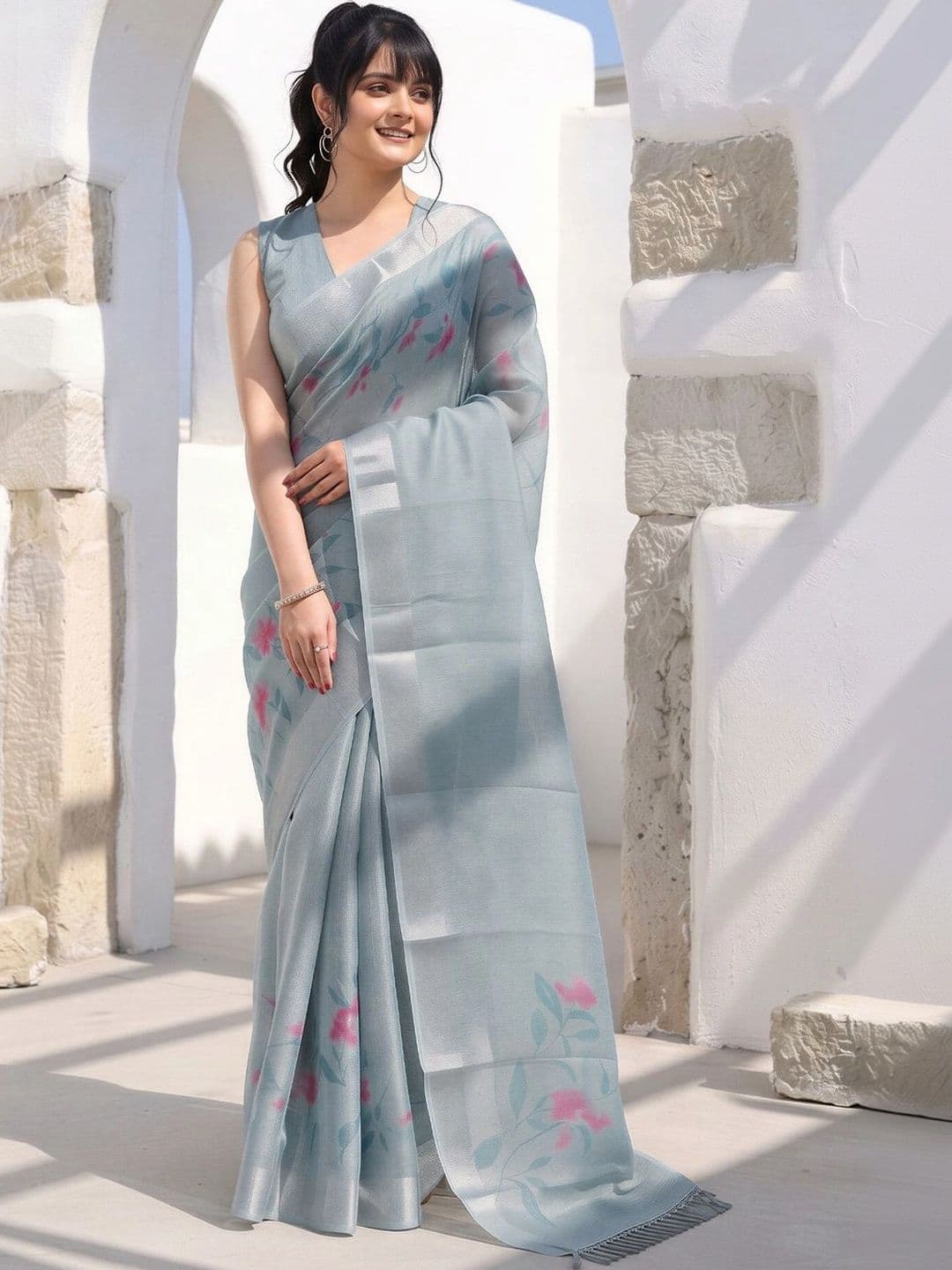 Anouk Floral Silk Cotton Designer Saree - view 1