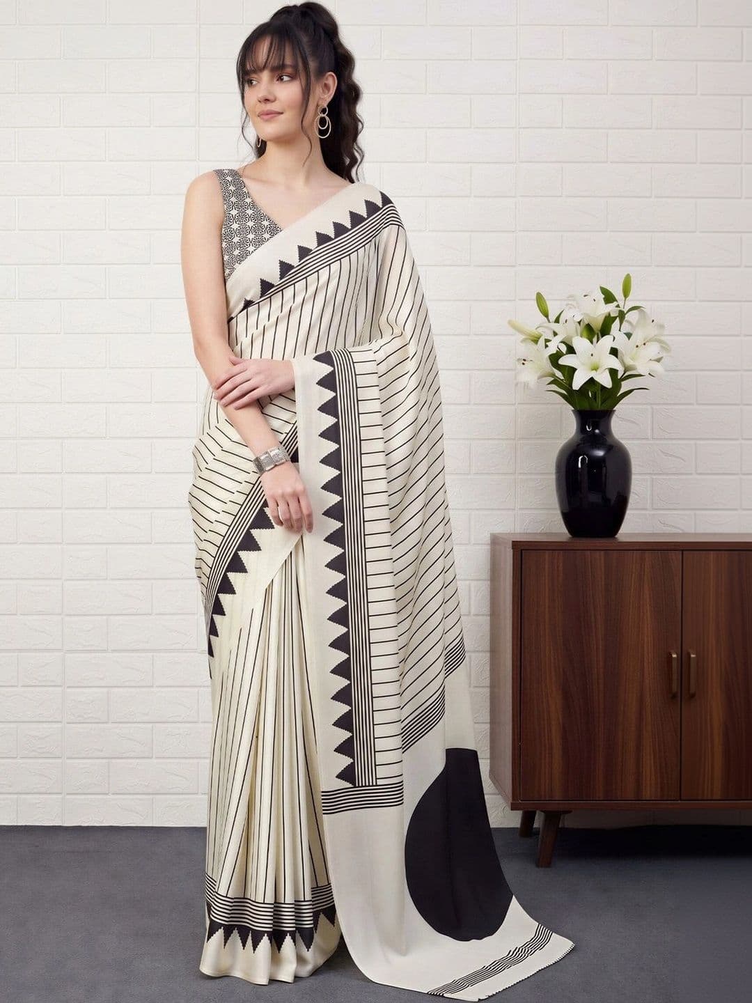 Anouk Striped Satin Designer Block Print Saree - view 1