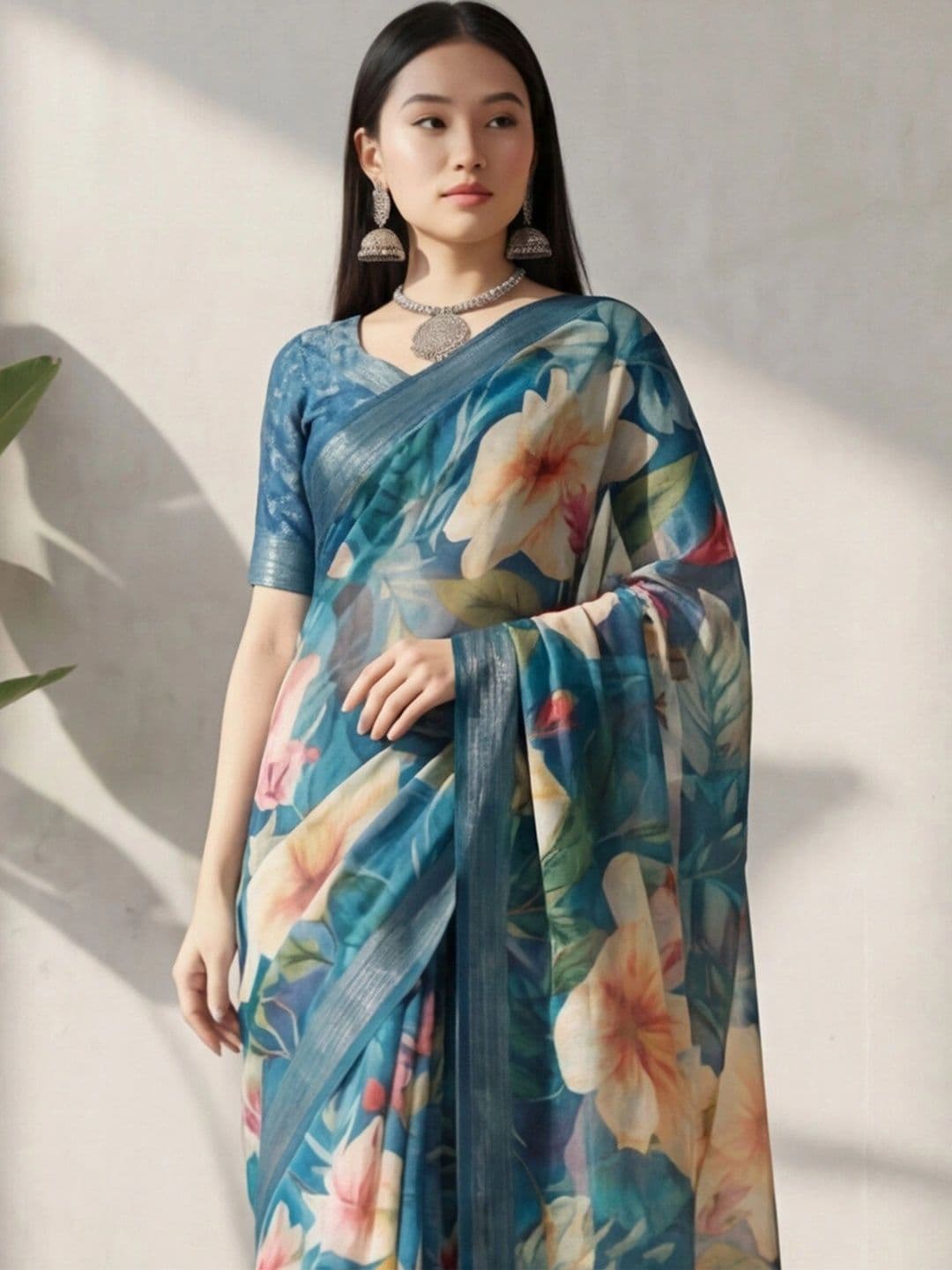 Anouk Rustic Floral Zari Pure Linen Designer Khadi Saree thumbnail 3